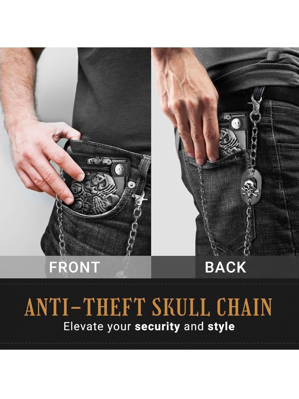 Black Skull & Roses Chain Wallet - Picture 2 of 5